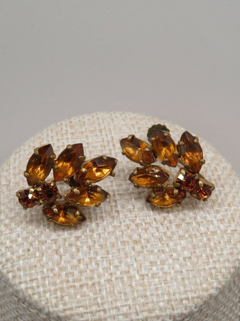 Vintage West Germany Amber Color Rhinestone Screw back Earrings